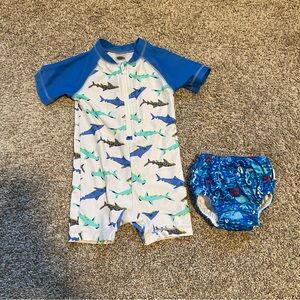 Blue Shark Print Baby Swim Romper and Diaper set